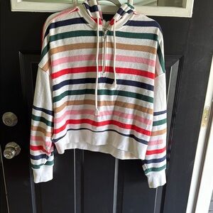 Aerie Red and Pink Cropped Sweater with Drawstring Hood